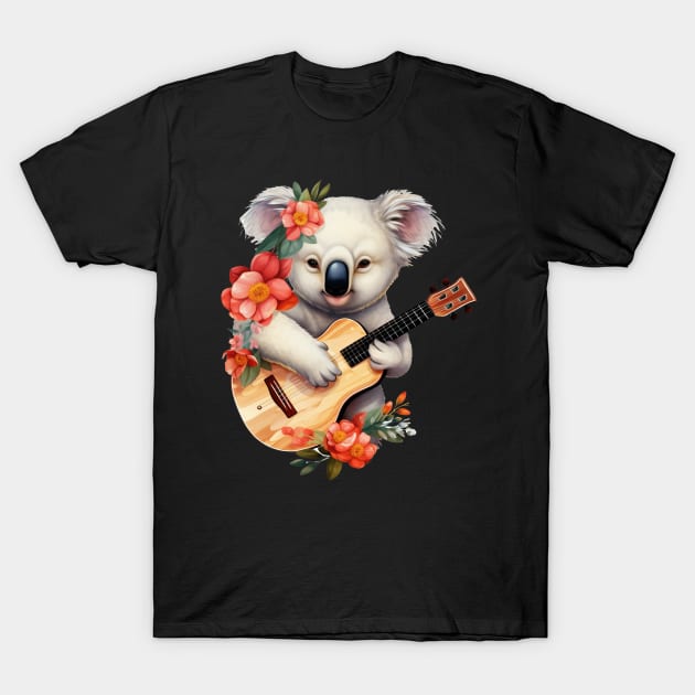 Koala Playing Guitar Floral Aesthetic T-Shirt by Ross Holbrook